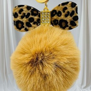 Leopard Print Bow Keychain with Gold Pom Pom